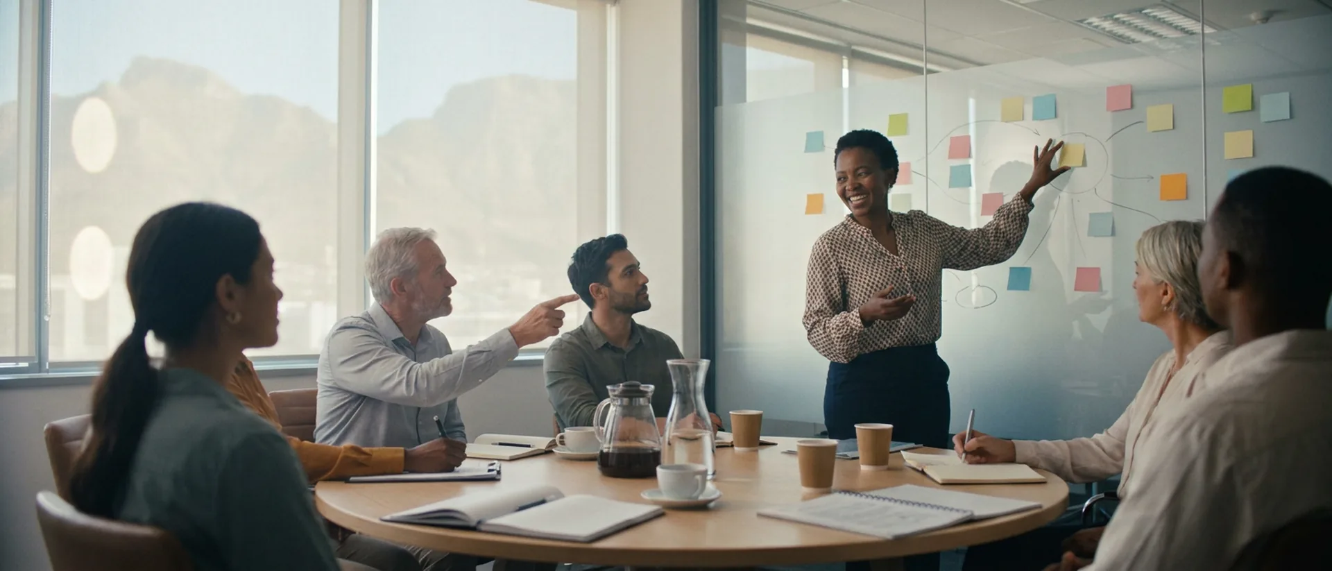 A leadership team in discussion around a table in a light-filled Cape Town office