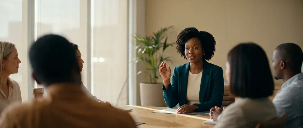 Woman leading a courageous conversation with her team in a Cape Town boardroom